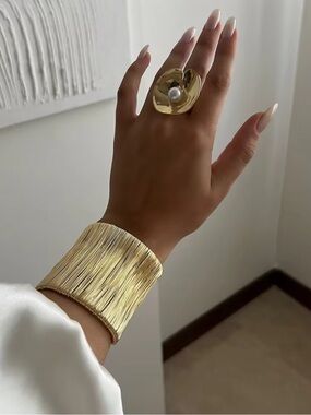 Anthropologie Gold Fringe Statement Cuff Bracelet with Pearl Accent Ring